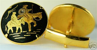 VINTAGE OLD GOLD STEEL DAMASCENE CUFFLINKS CUFF LINKS  