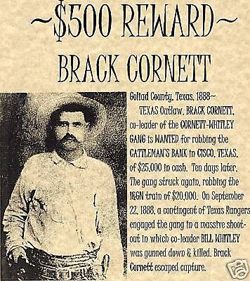 Old West Wanted Posters Brack Cornett Texas Gunslinger