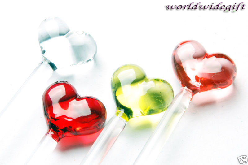 Hearts Swizzle Stir Stick Blown Art Glass LOVE Set  