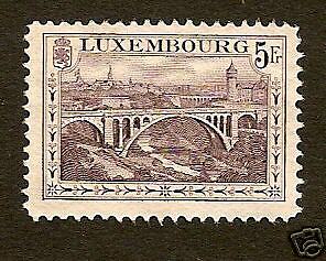 Luxembourg 1934, 5 Frs. Adolph Bridge Unused NG Scott no. 130  