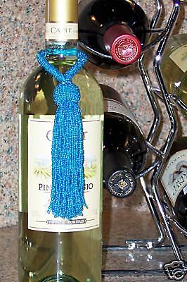 TURQUOISE BLUE BEADED TASSEL WINE BOTTLE ORNAMENT, NEW  