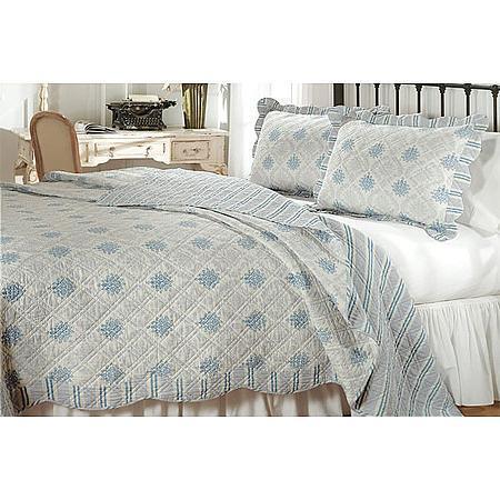 SHABBY FRENCH COUNTRY CHIC Medallion QUILT SET Blue King Scalloped 