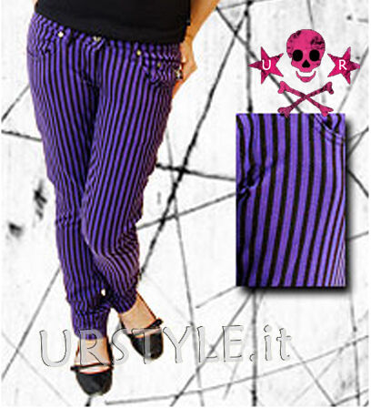 PANTALONI EMO PUNK DARK GOTHIC A RIGHE VIOLA JEANS 44  