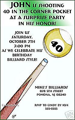 Billiards Pool Cue Ball Birthday Party Invitations  