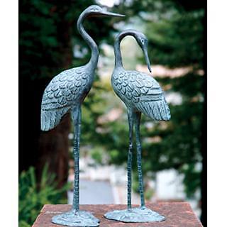 Small Bronze Verdi Green Garden Crane Pair Outdoor  