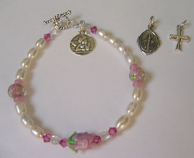 Handmade Rose/ FW pearl ANGEL charm bracelet   rosary  
